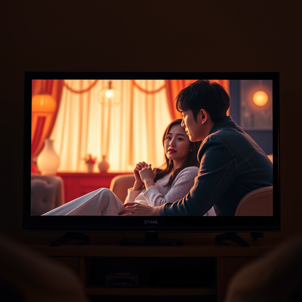 a TV screen showing a romantic scene from a Korean drama, so 일러스트